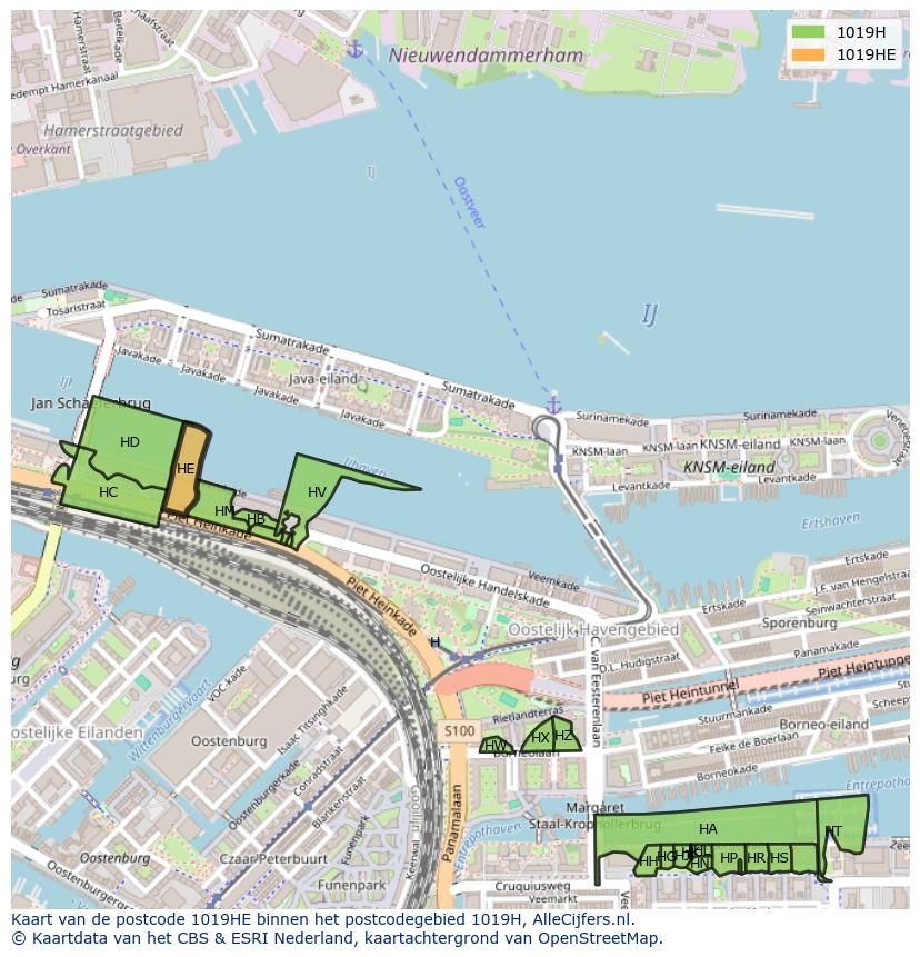 Afbeelding van het postcodegebied 1019 HE op de kaart.