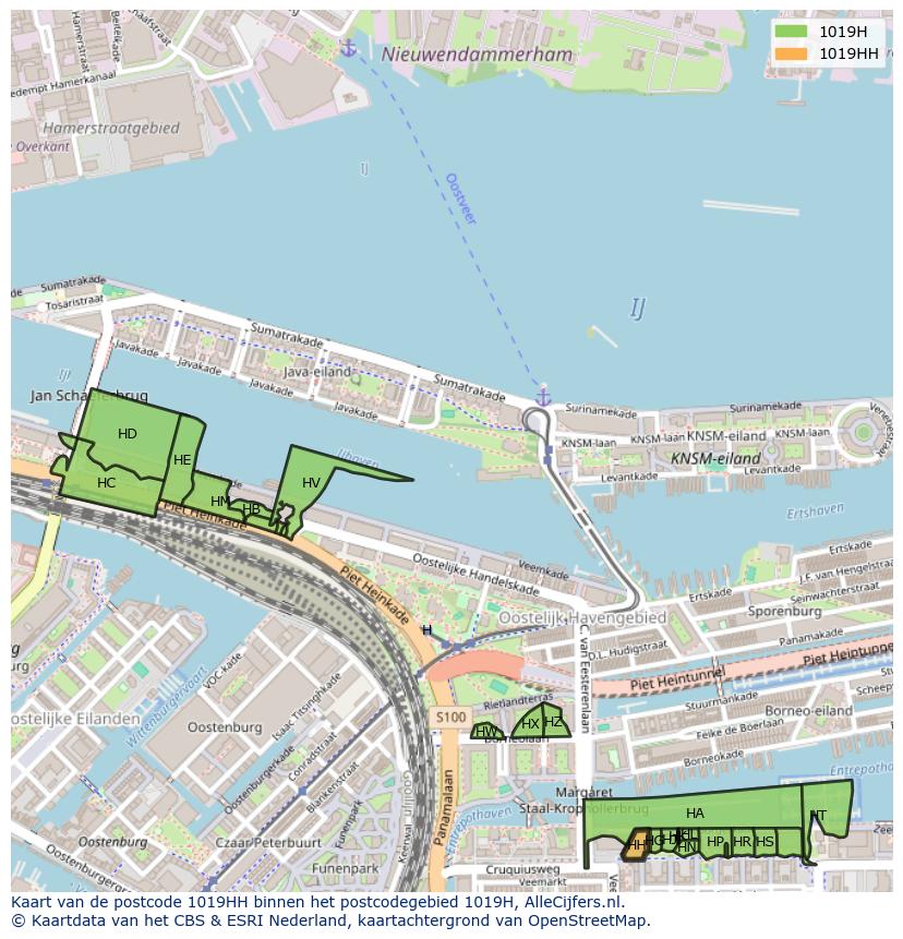 Afbeelding van het postcodegebied 1019 HH op de kaart.