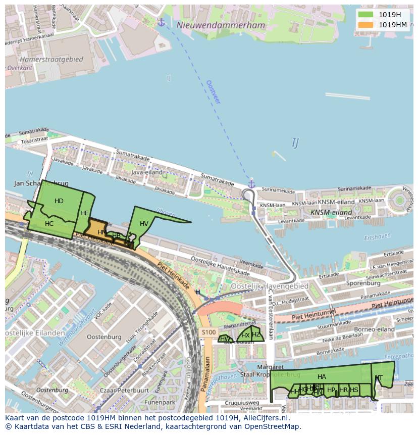 Afbeelding van het postcodegebied 1019 HM op de kaart.