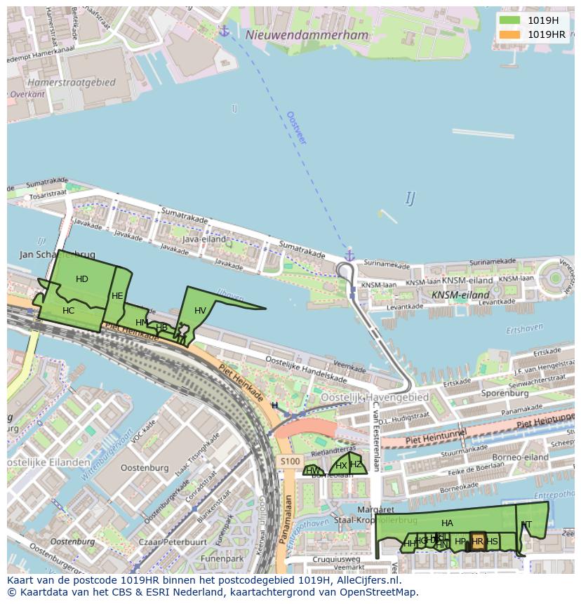 Afbeelding van het postcodegebied 1019 HR op de kaart.