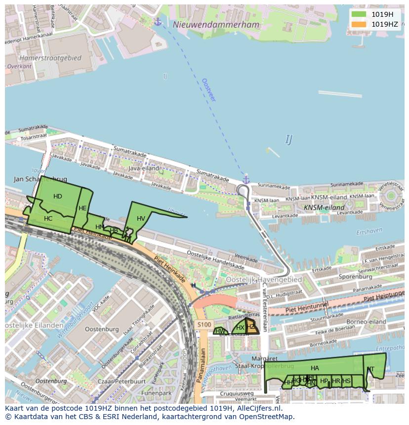 Afbeelding van het postcodegebied 1019 HZ op de kaart.