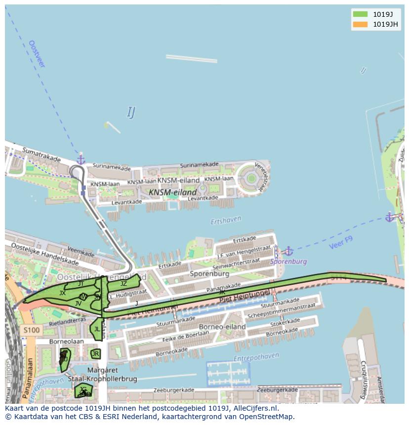 Afbeelding van het postcodegebied 1019 JH op de kaart.
