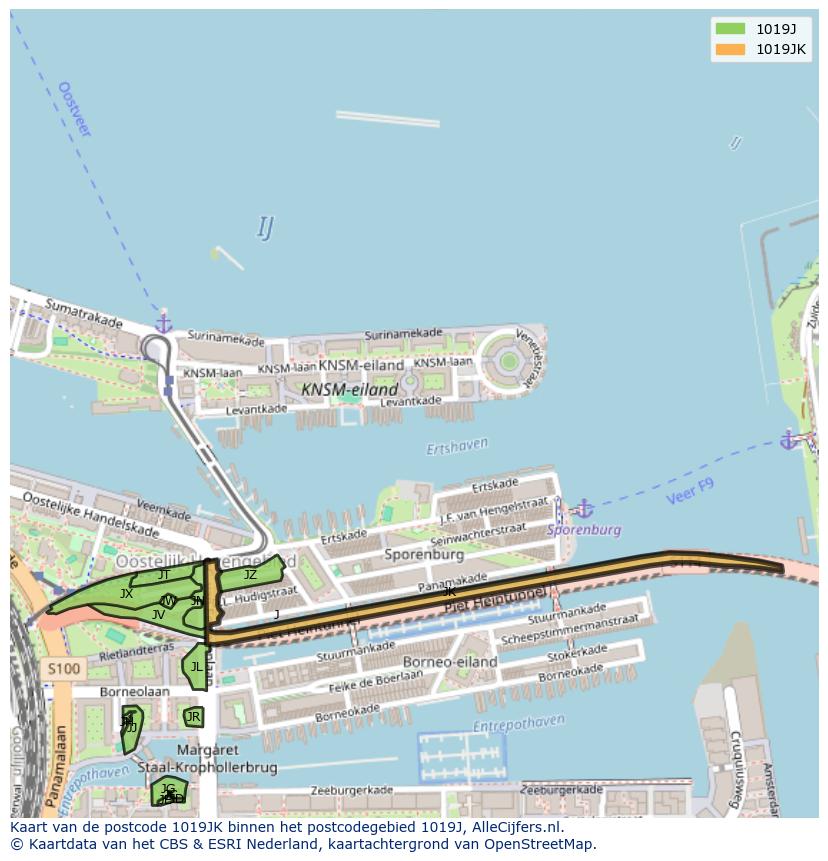 Afbeelding van het postcodegebied 1019 JK op de kaart.