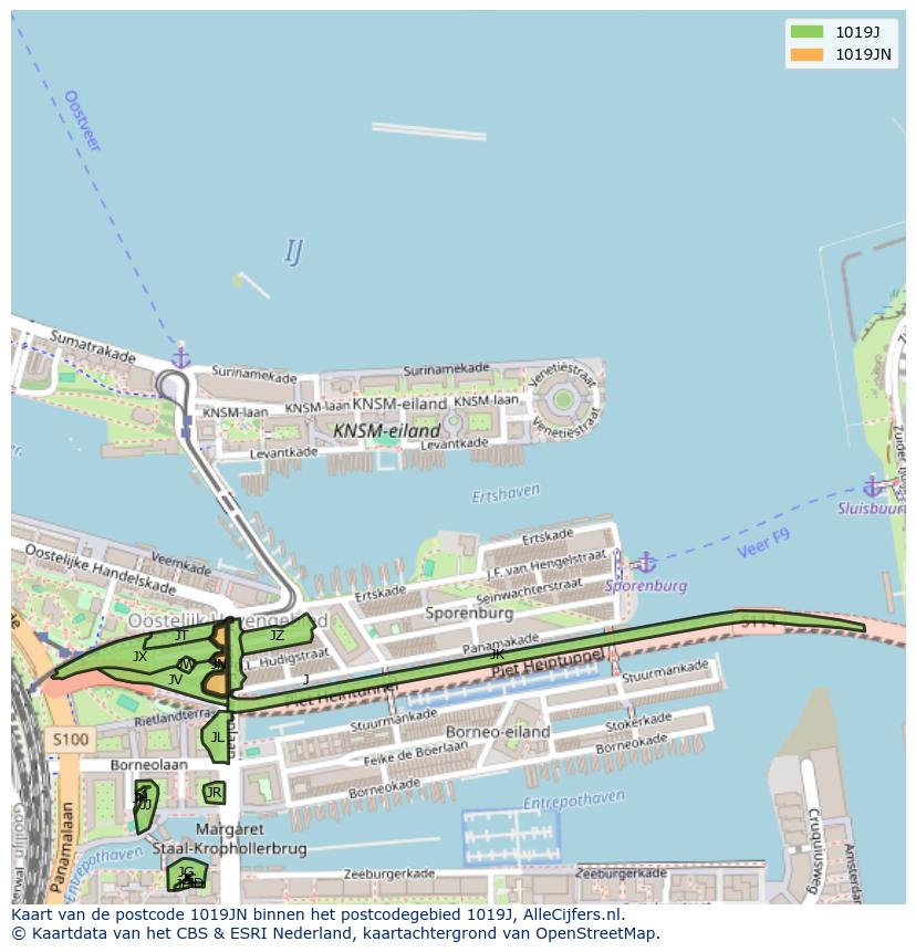Afbeelding van het postcodegebied 1019 JN op de kaart.