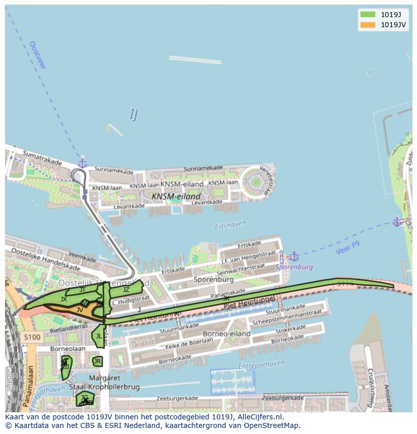 Afbeelding van het postcodegebied 1019 JV op de kaart.