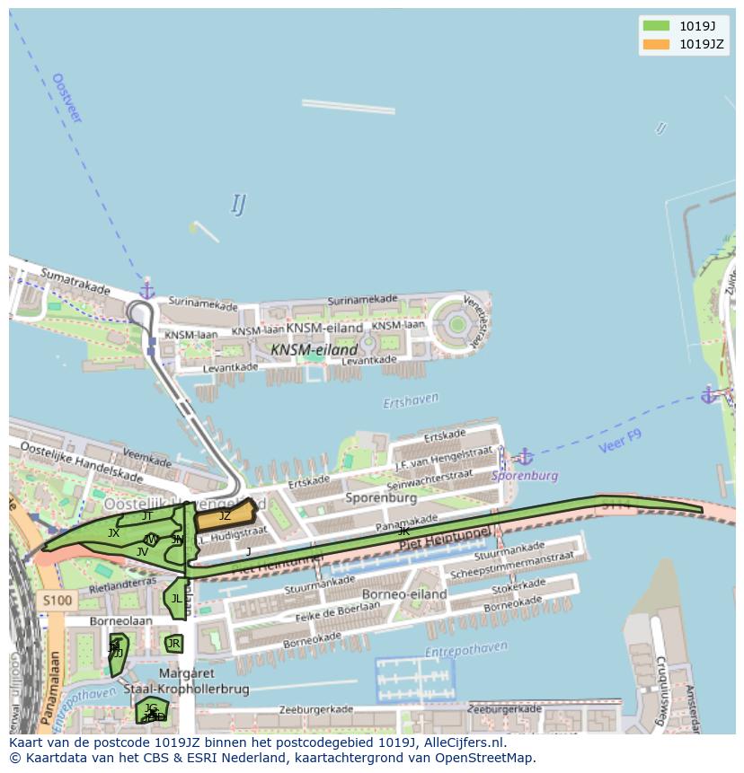 Afbeelding van het postcodegebied 1019 JZ op de kaart.