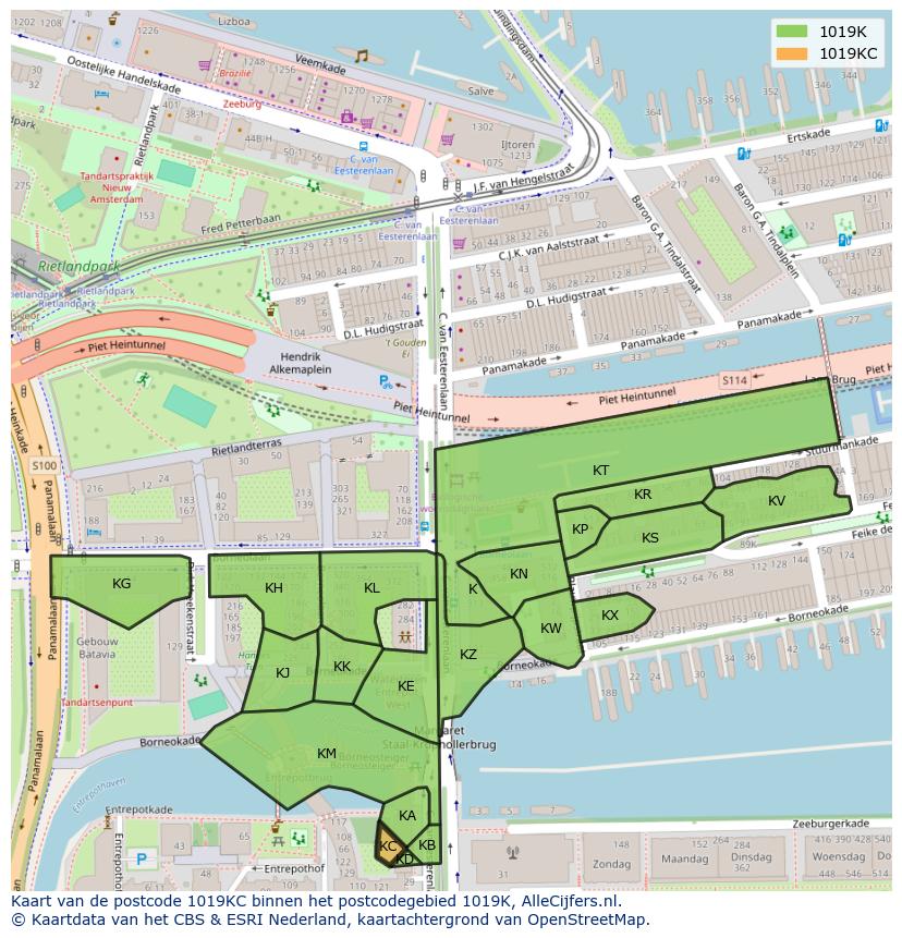 Afbeelding van het postcodegebied 1019 KC op de kaart.