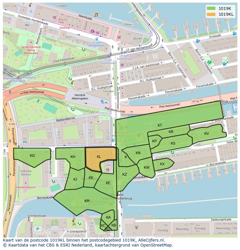 Afbeelding van het postcodegebied 1019 KL op de kaart.