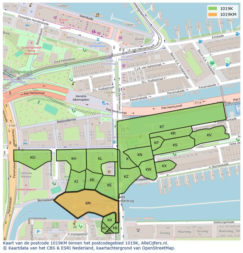 Afbeelding van het postcodegebied 1019 KM op de kaart.