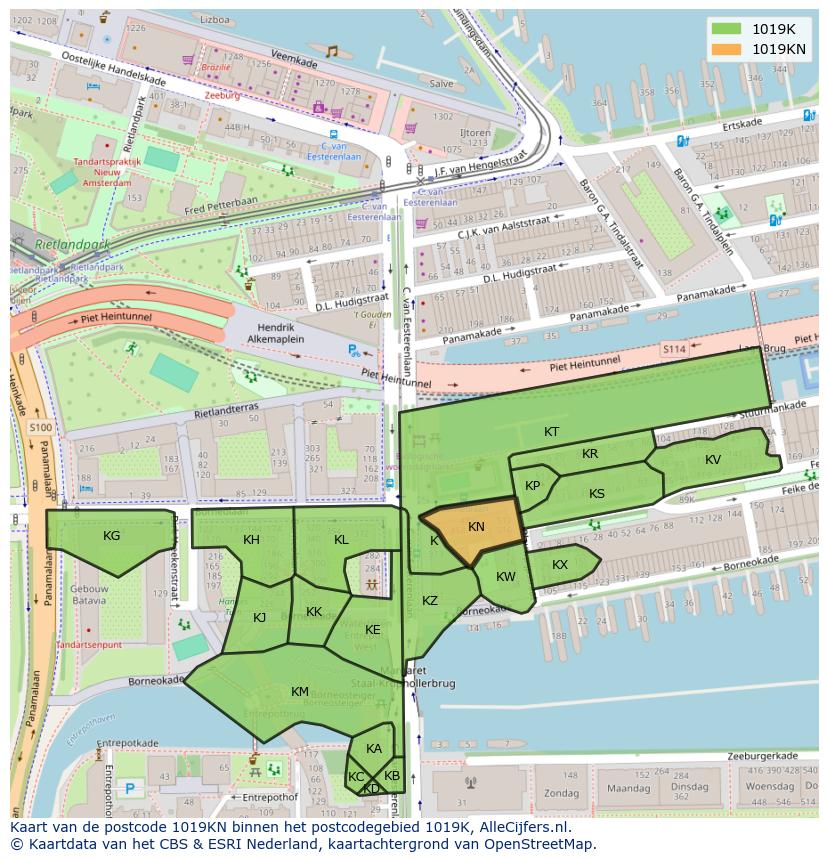 Afbeelding van het postcodegebied 1019 KN op de kaart.
