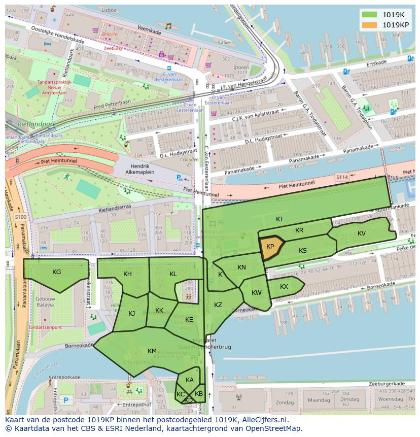 Afbeelding van het postcodegebied 1019 KP op de kaart.