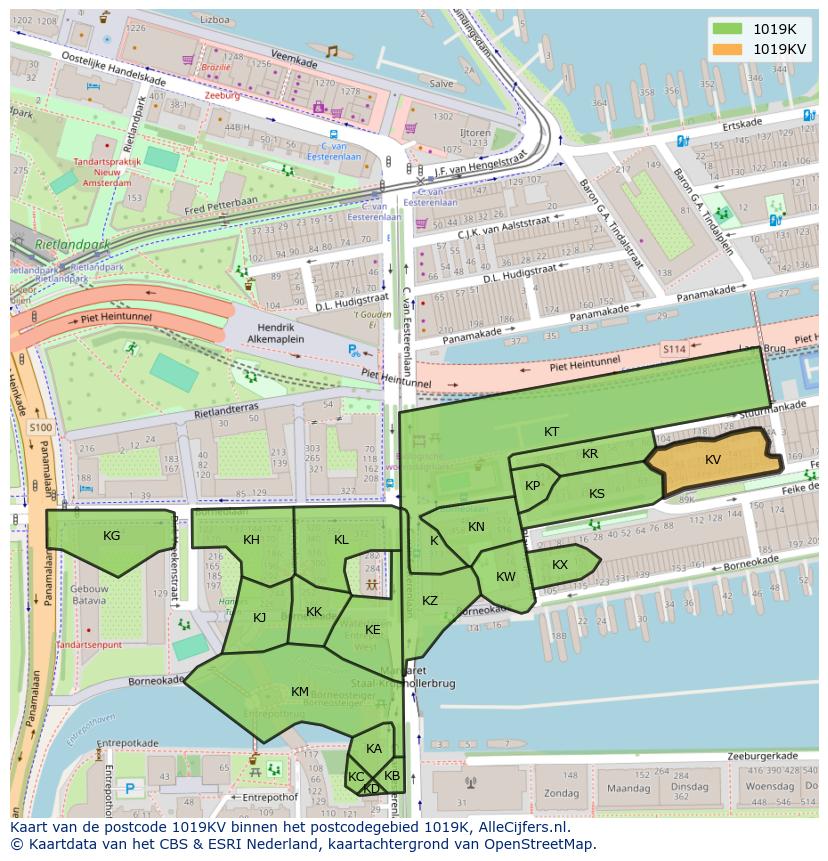 Afbeelding van het postcodegebied 1019 KV op de kaart.