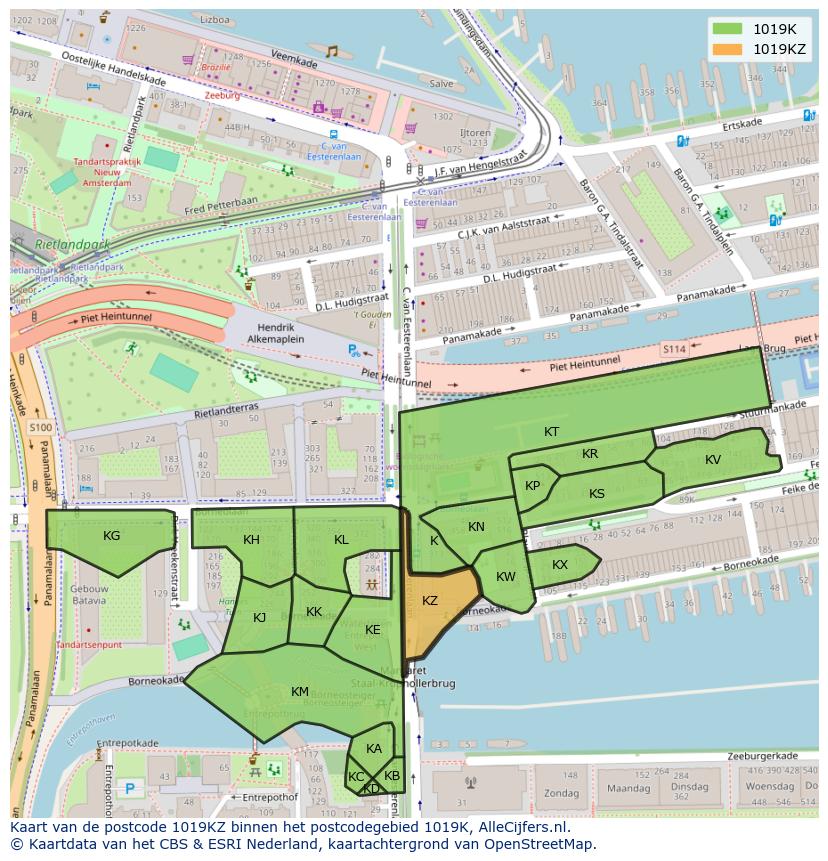 Afbeelding van het postcodegebied 1019 KZ op de kaart.