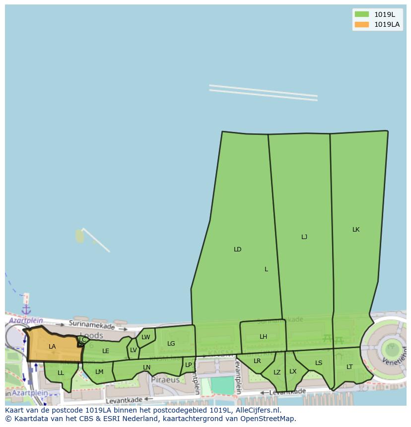 Afbeelding van het postcodegebied 1019 LA op de kaart.