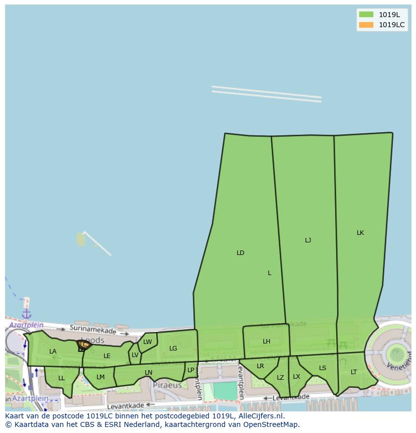 Afbeelding van het postcodegebied 1019 LC op de kaart.