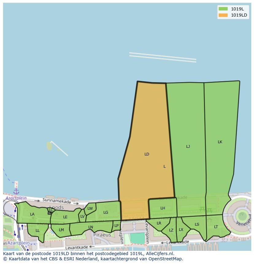 Afbeelding van het postcodegebied 1019 LD op de kaart.