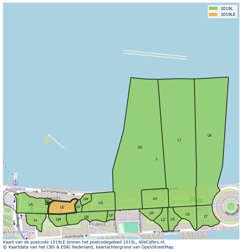 Afbeelding van het postcodegebied 1019 LE op de kaart.