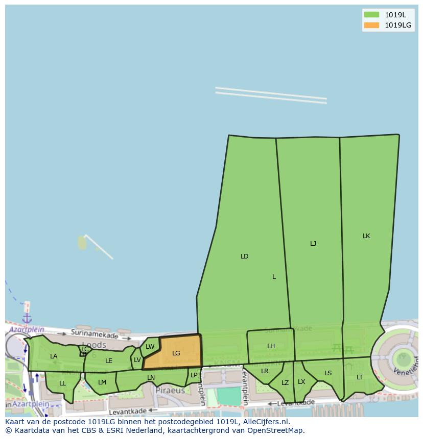 Afbeelding van het postcodegebied 1019 LG op de kaart.