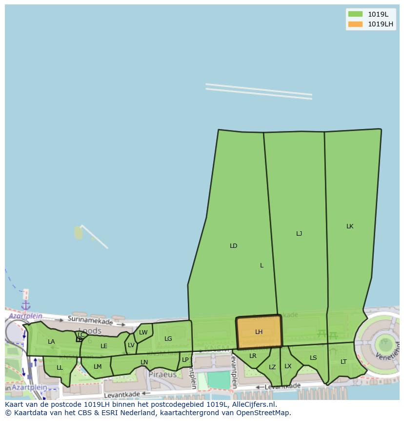 Afbeelding van het postcodegebied 1019 LH op de kaart.
