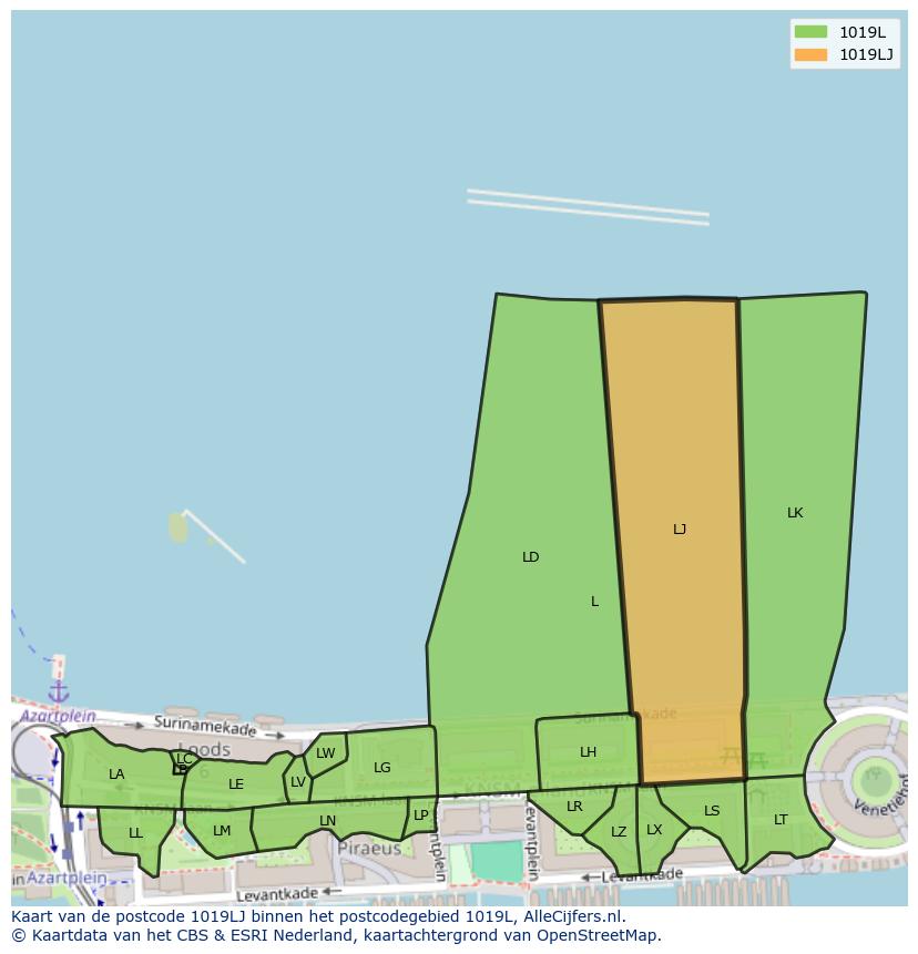 Afbeelding van het postcodegebied 1019 LJ op de kaart.
