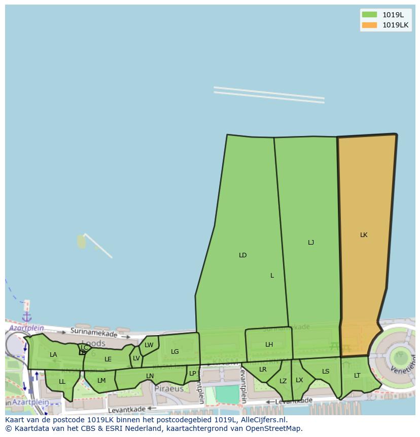 Afbeelding van het postcodegebied 1019 LK op de kaart.