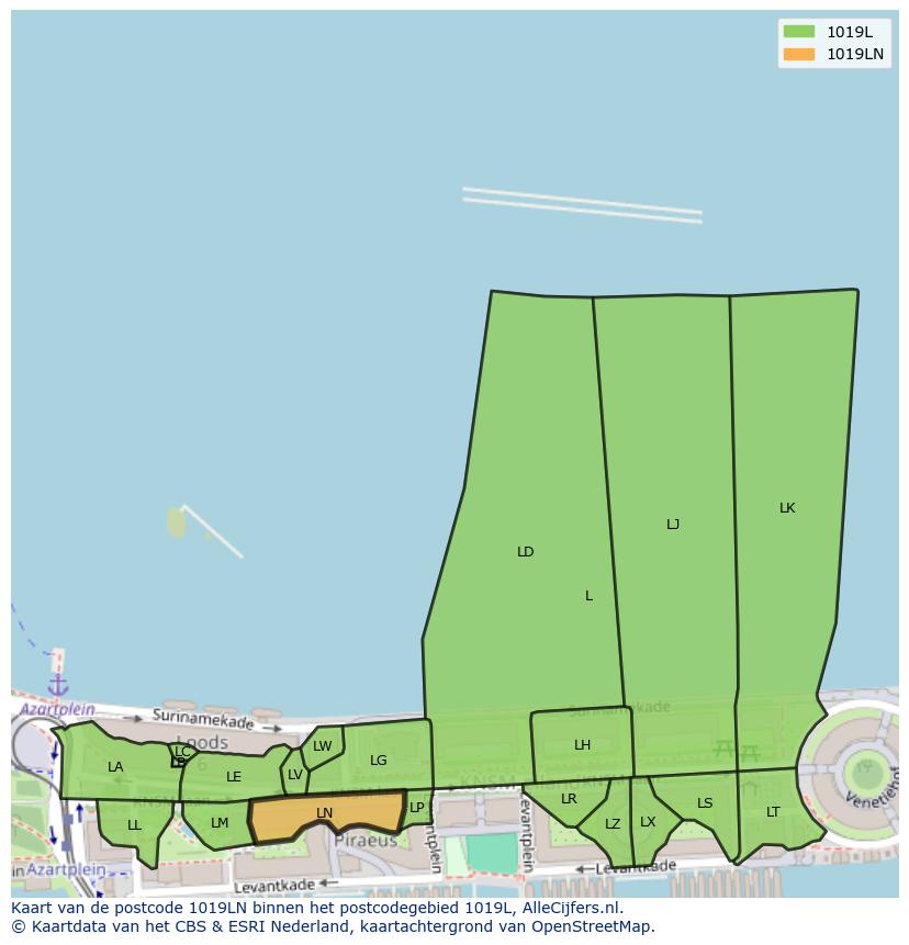 Afbeelding van het postcodegebied 1019 LN op de kaart.