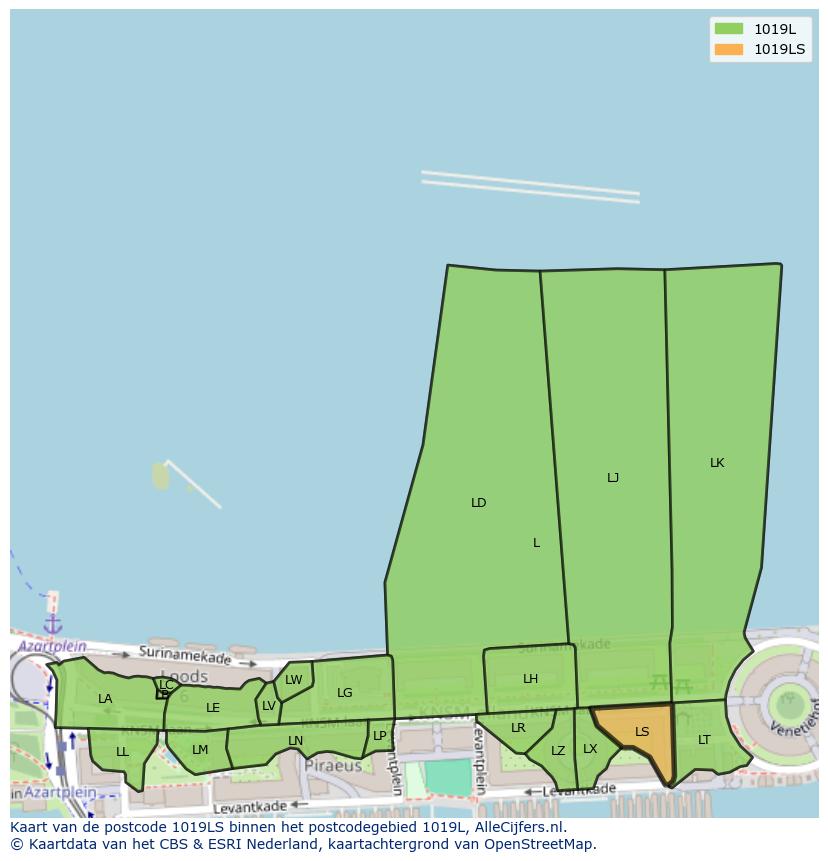 Afbeelding van het postcodegebied 1019 LS op de kaart.