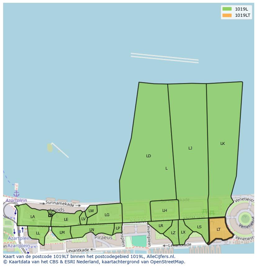 Afbeelding van het postcodegebied 1019 LT op de kaart.