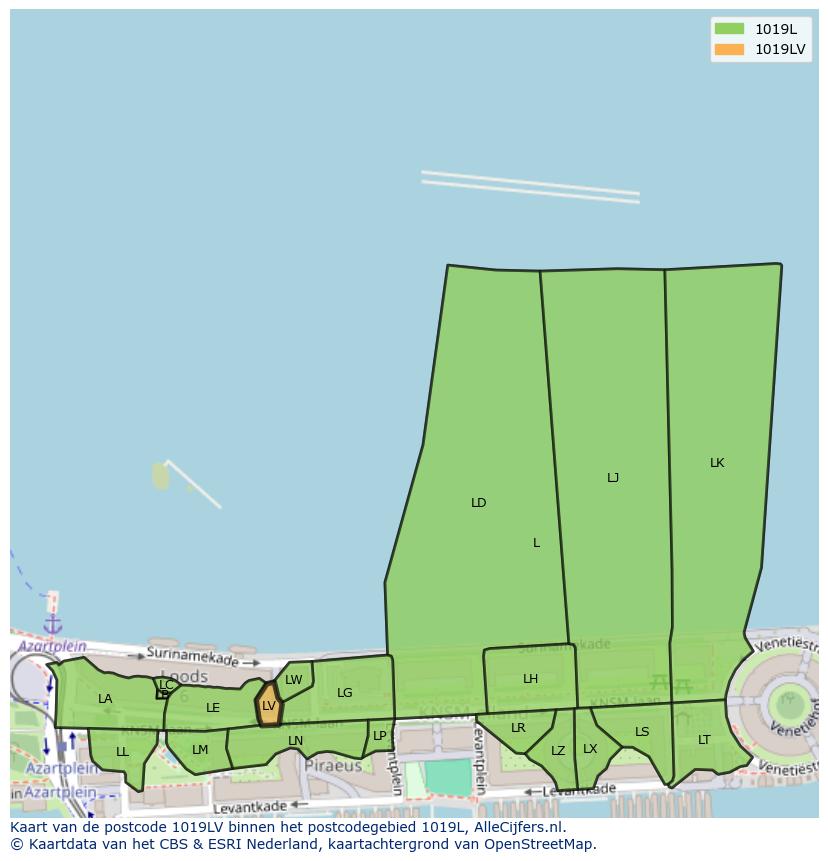 Afbeelding van het postcodegebied 1019 LV op de kaart.