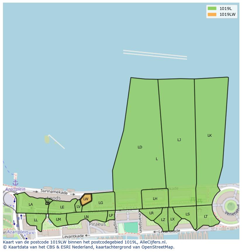 Afbeelding van het postcodegebied 1019 LW op de kaart.