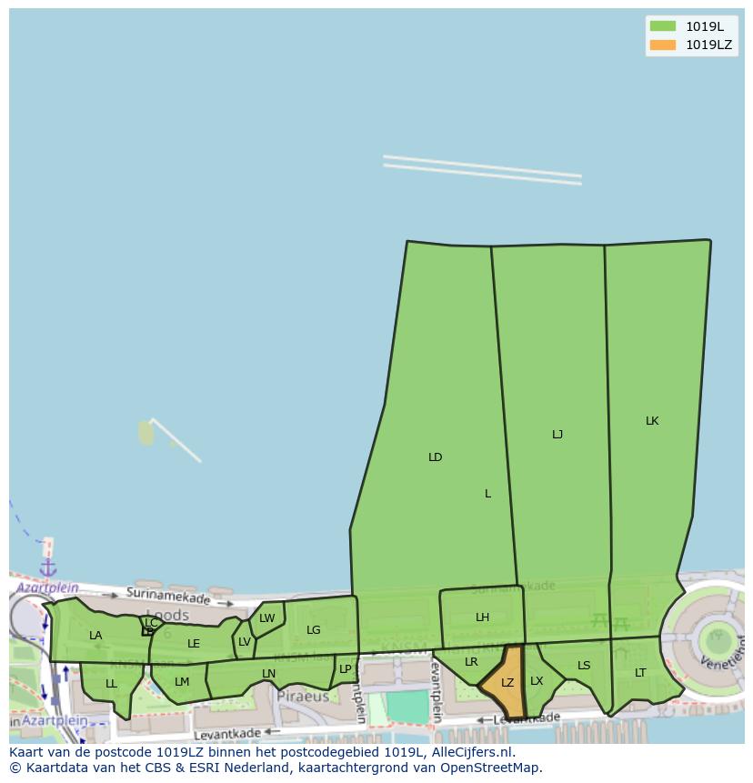 Afbeelding van het postcodegebied 1019 LZ op de kaart.