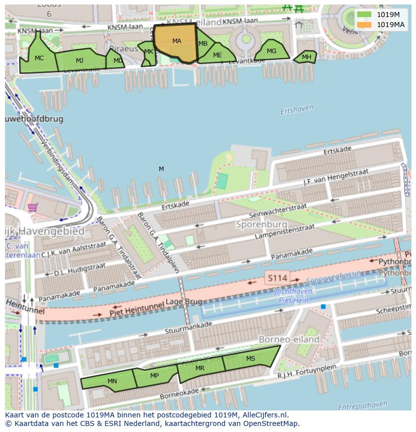 Afbeelding van het postcodegebied 1019 MA op de kaart.