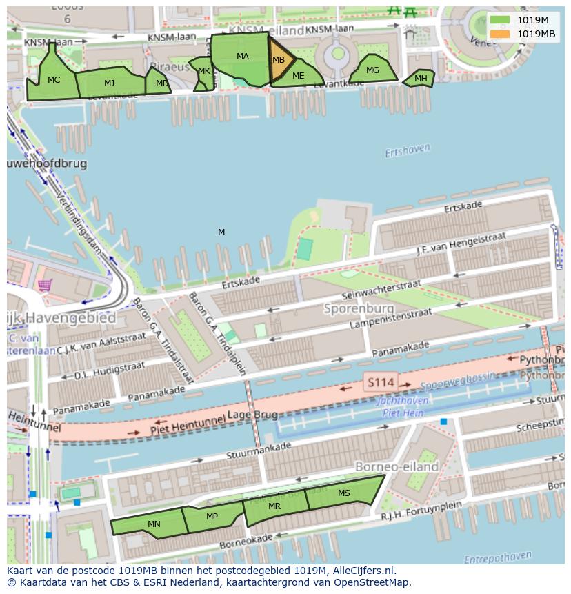 Afbeelding van het postcodegebied 1019 MB op de kaart.