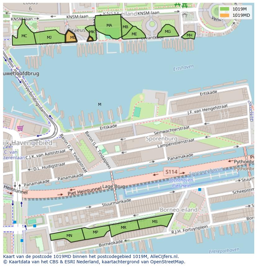 Afbeelding van het postcodegebied 1019 MD op de kaart.