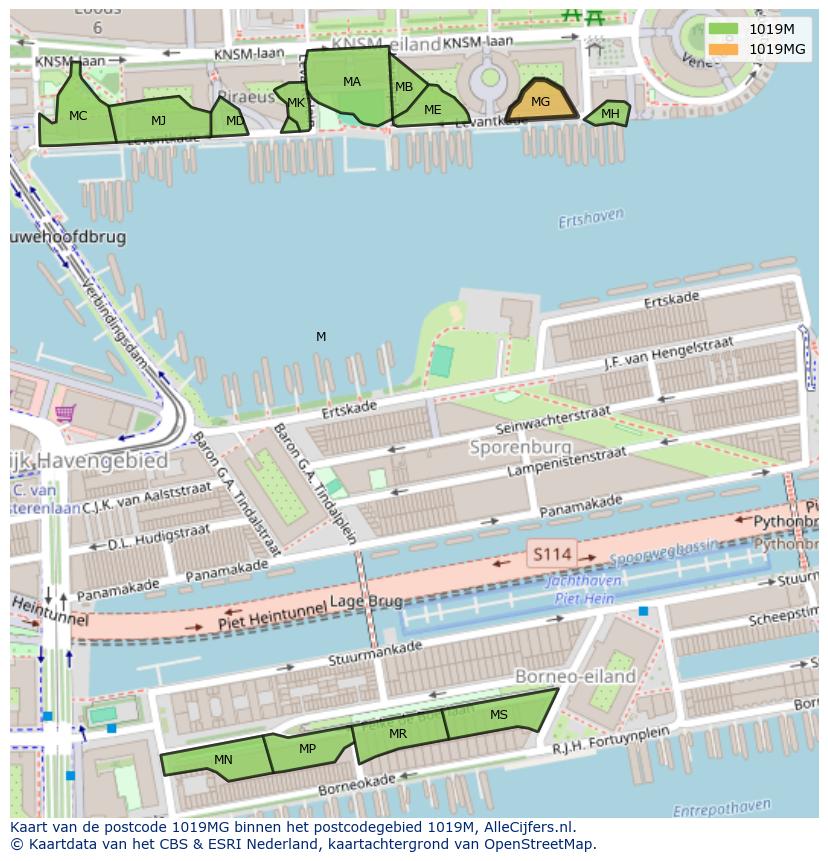 Afbeelding van het postcodegebied 1019 MG op de kaart.