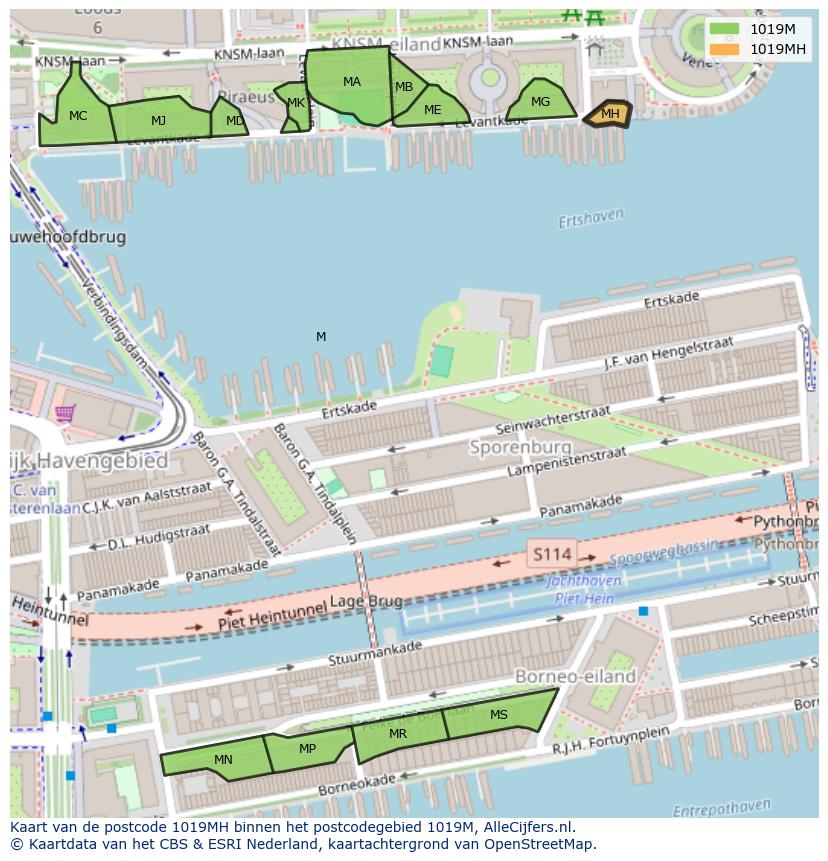 Afbeelding van het postcodegebied 1019 MH op de kaart.