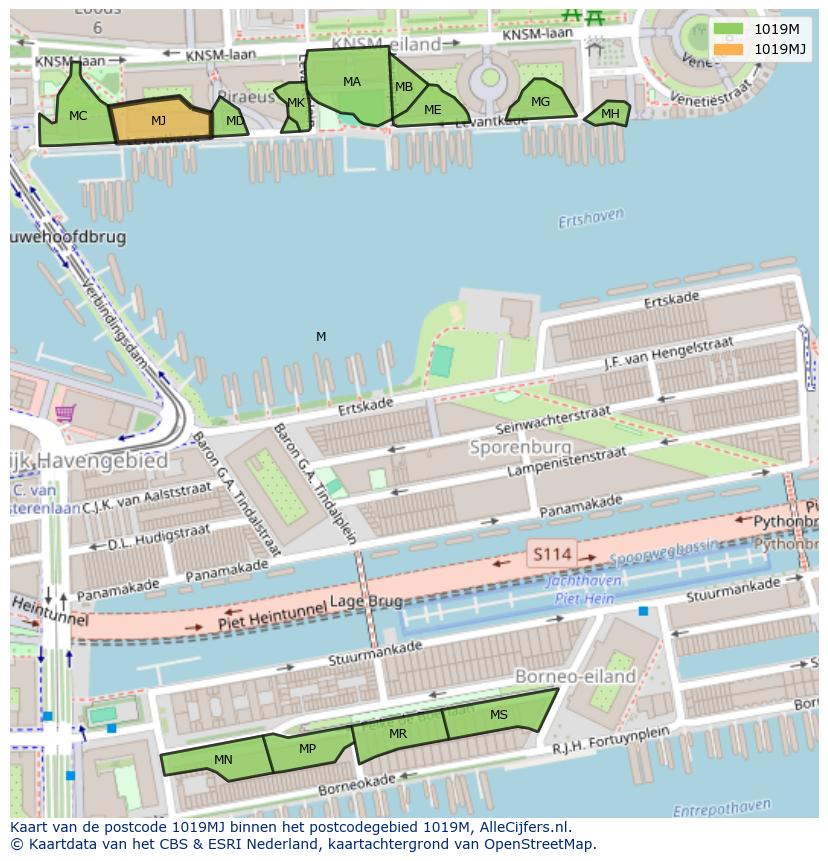 Afbeelding van het postcodegebied 1019 MJ op de kaart.
