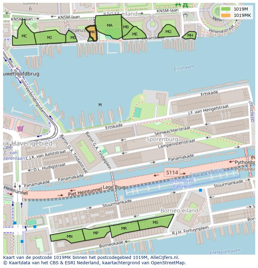 Afbeelding van het postcodegebied 1019 MK op de kaart.