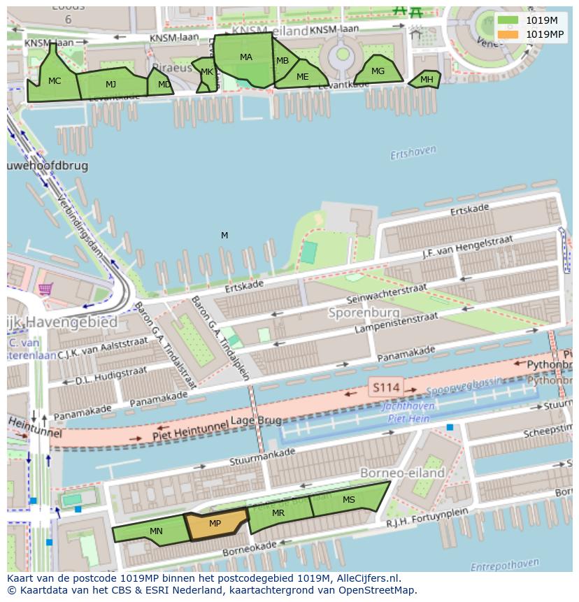 Afbeelding van het postcodegebied 1019 MP op de kaart.