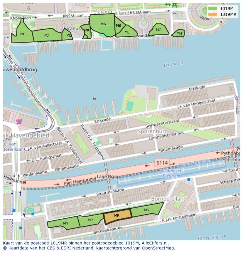 Afbeelding van het postcodegebied 1019 MR op de kaart.