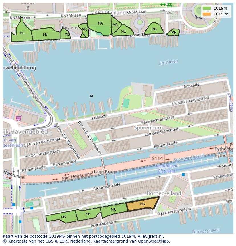 Afbeelding van het postcodegebied 1019 MS op de kaart.