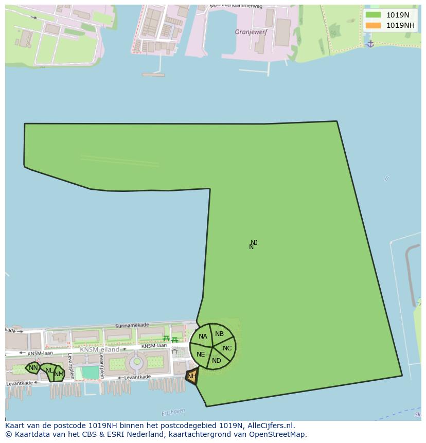 Afbeelding van het postcodegebied 1019 NH op de kaart.