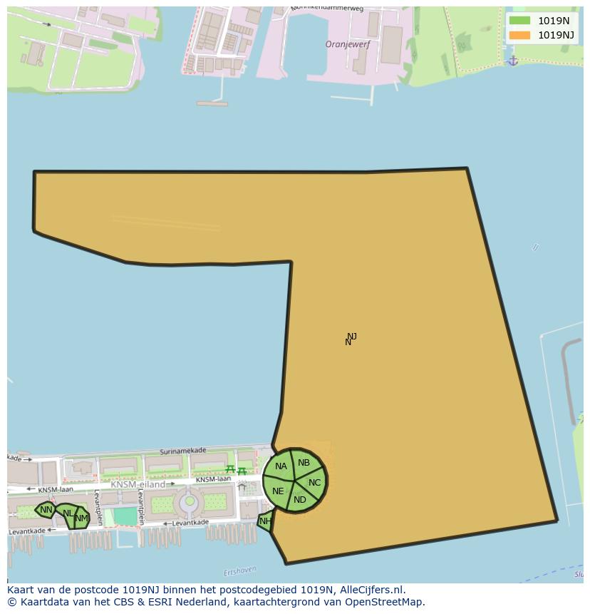 Afbeelding van het postcodegebied 1019 NJ op de kaart.