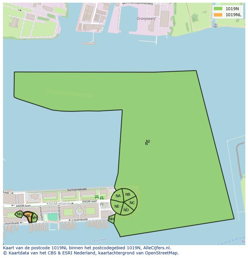 Afbeelding van het postcodegebied 1019 NL op de kaart.