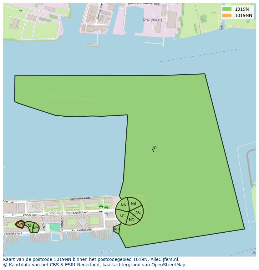 Afbeelding van het postcodegebied 1019 NN op de kaart.