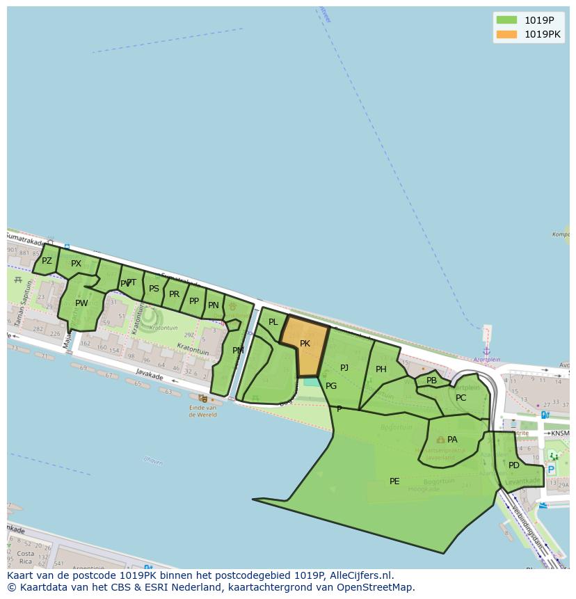 Afbeelding van het postcodegebied 1019 PK op de kaart.