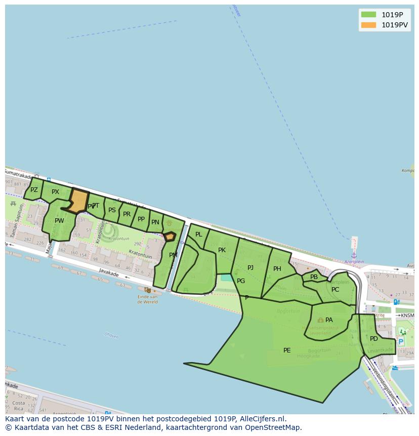 Afbeelding van het postcodegebied 1019 PV op de kaart.
