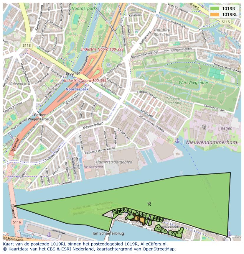 Afbeelding van het postcodegebied 1019 RL op de kaart.
