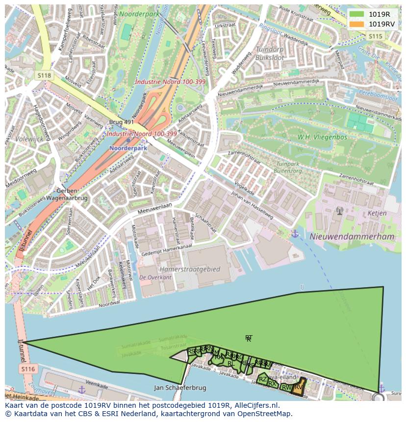 Afbeelding van het postcodegebied 1019 RV op de kaart.