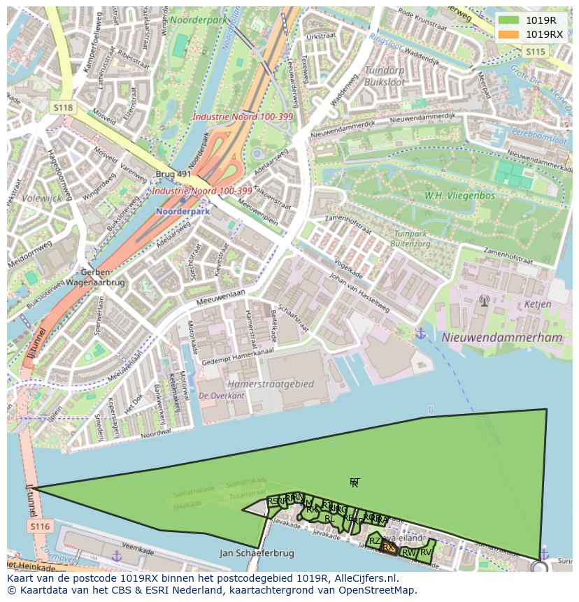 Afbeelding van het postcodegebied 1019 RX op de kaart.